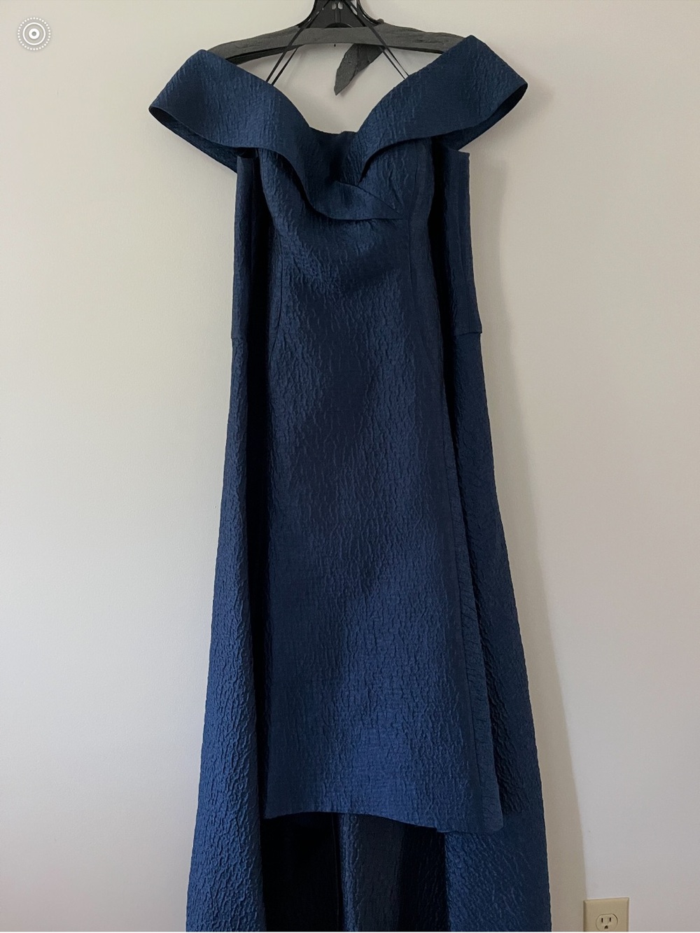 Rickie Freeman for Teri Jon Off-the- Shoulder High Low Navy Jacquard Gown S 14 - Picture 4 of 9